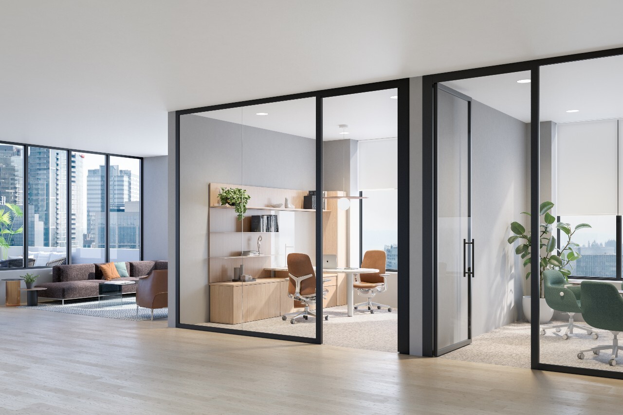 Open-plan law firm office organized into practice group neighborhoods with defined zones and panel screening