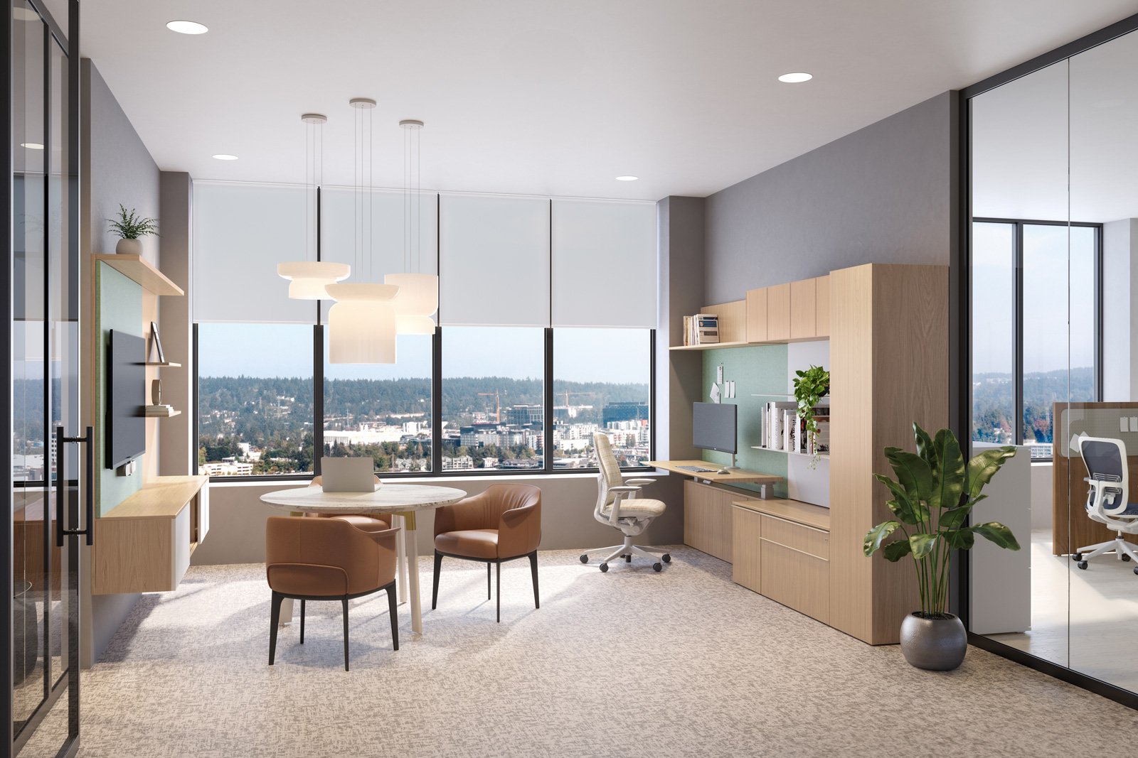 Modern law firm workspace with acoustic treatment and enclosed focus settings for speech privacy