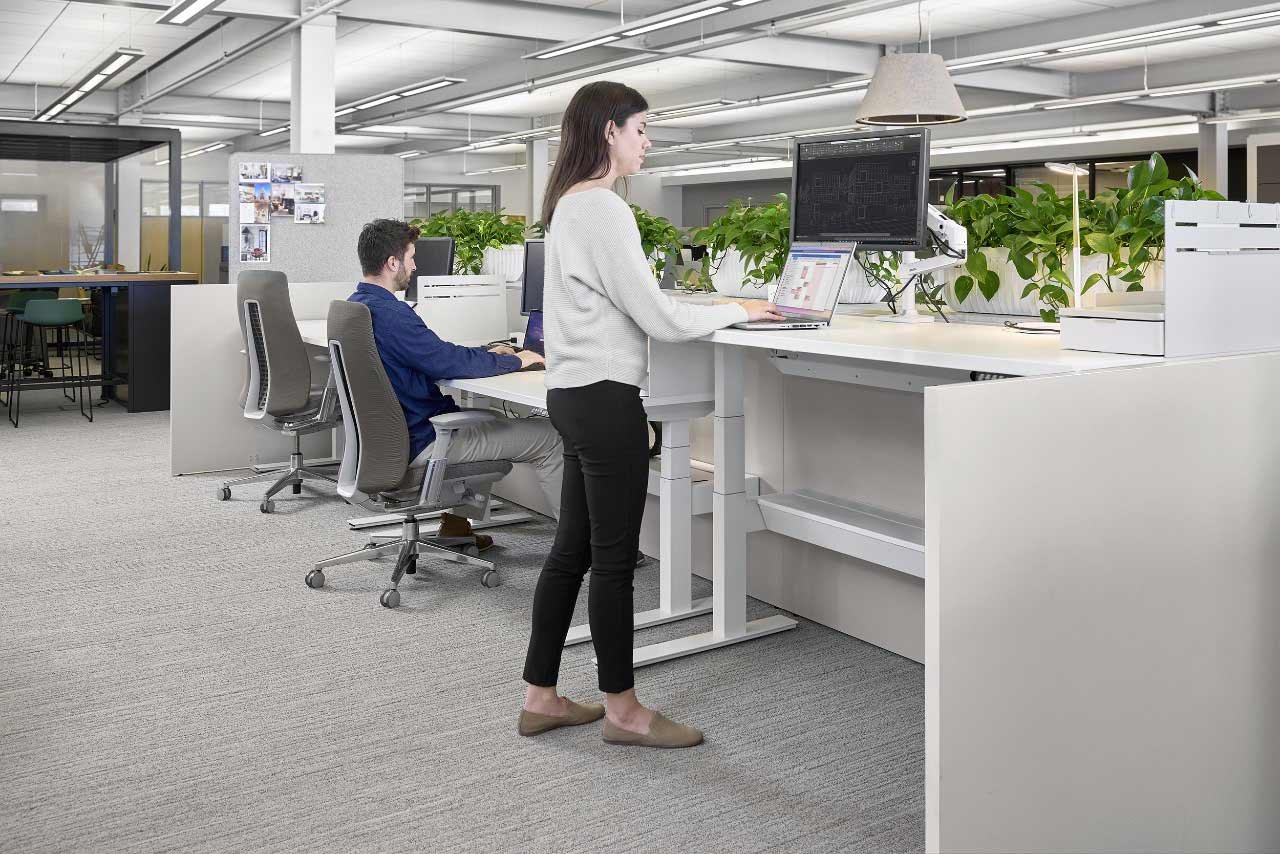 Workers using office outfitting with desk sharing